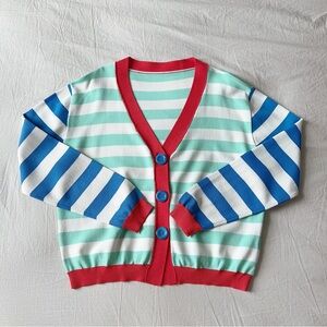 Striped Knit Relaxed Fit Sweater Contrasting Colors Cardigan Blue/Green/Red